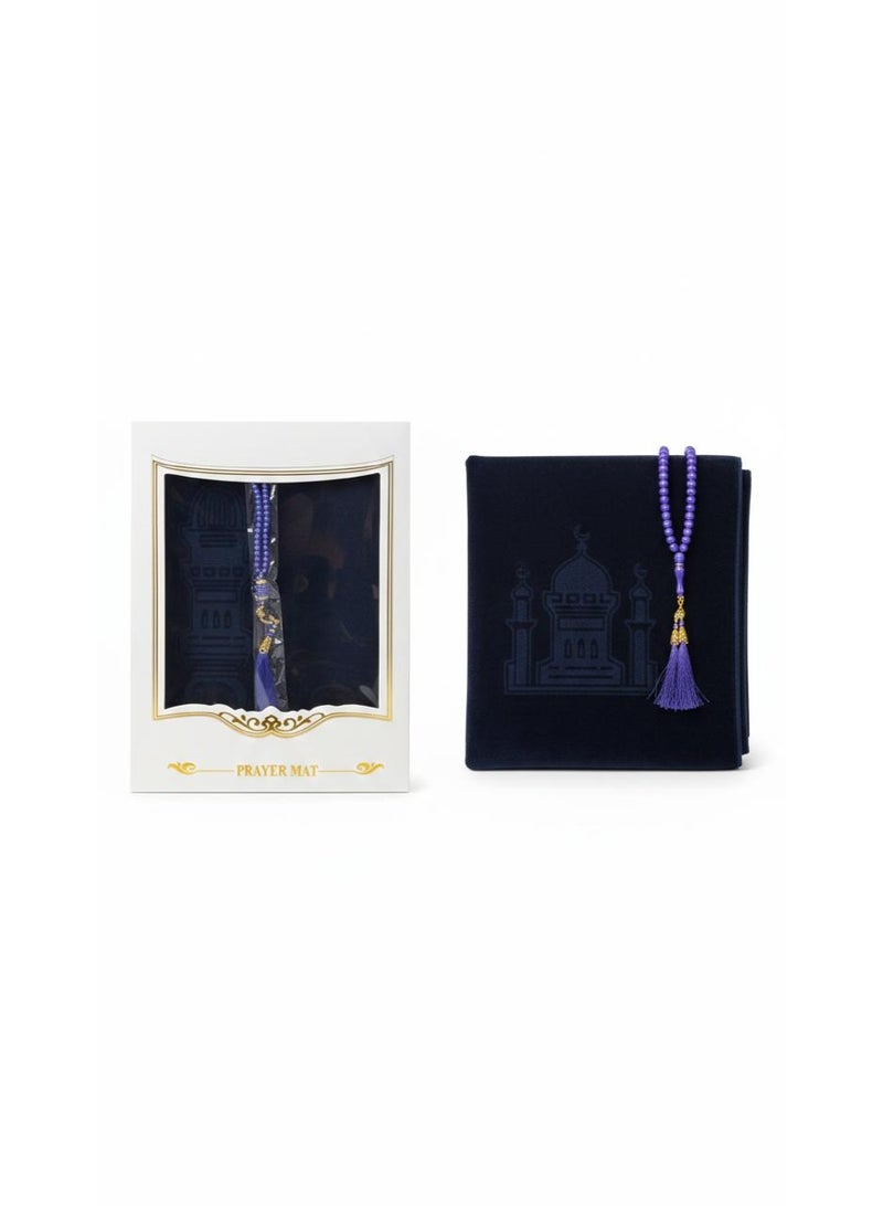 Toyland Velvet Prayer Mat Set with Tasbih Beads, Soft Padded Mat-Gift Box-Blue - Image 1
